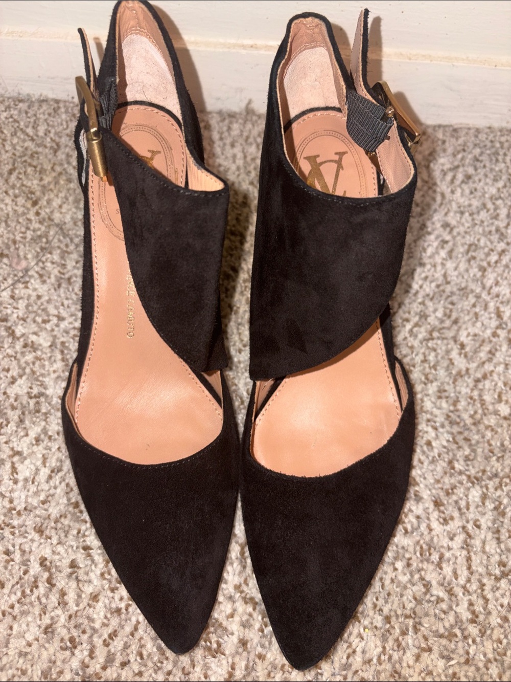 Vince Camuto Black Suede Pointed Heels with Gold Buckle Detail